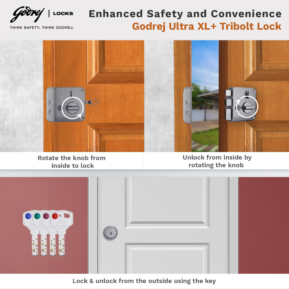 Godrej Rim Lock I Tribolt Ultra XL Plus l 1CK Deadbolt I for Inside Opening Wooden Door | Left Right Handed Doors I 4 Keys I 5 Year Warranty I Manual Locking l Matte Black Nickel Finish